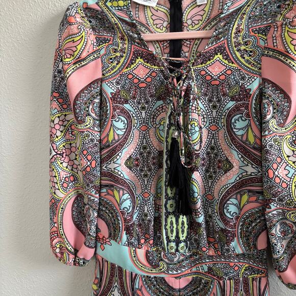 Bisou Bisou Paisley Print Romper Tassle Detail Summer Vacation Women's Size XS - Picture 2 of 11